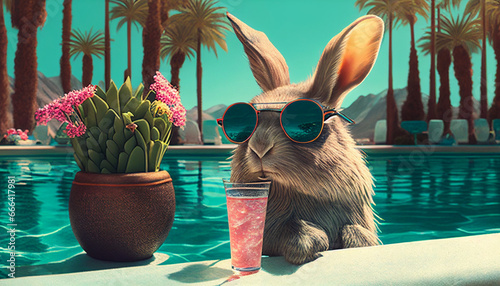 Osterhase trinkt Cocktail am Pool unter Palmen mit Sonnenbrille Werbung Idee Reiseveranstalter Urlaub genießen Generative AI  photo