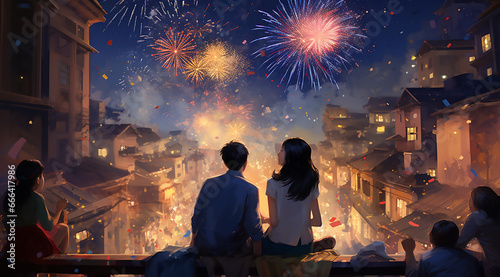 People having a firework in the evening. Celebration with illuminated reflection. illustration. Generative AI 
