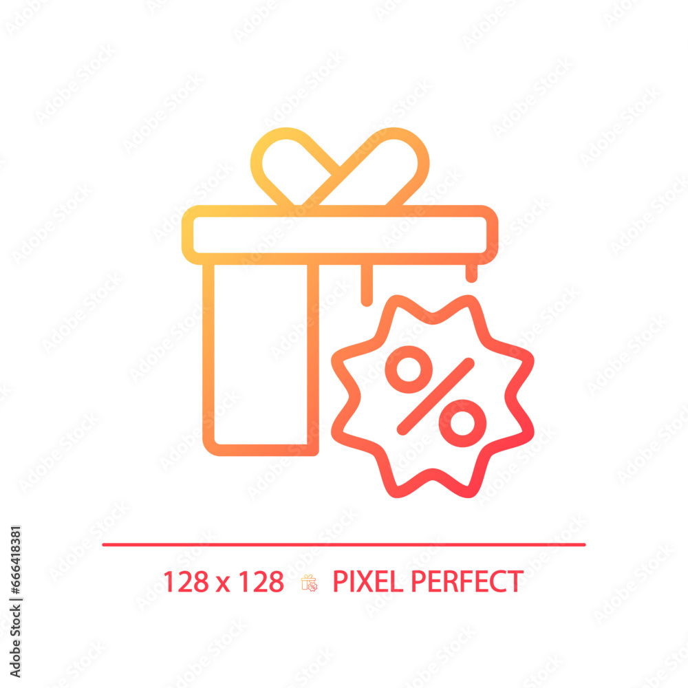 2D pixel perfect gradient gift hamper icon, isolated simple vector, thin line illustration representing discounts. 2D pixel perfect gradient gift hamper icon, isolated simple vector, thin line illustration representing discounts.
