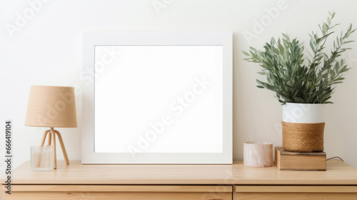 Mock up photo frame on the brown shelf. Modern concept. Copy space.