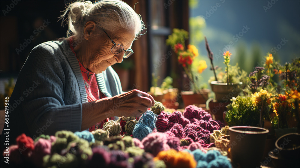 gray-haired grandmother sits at the table sorting out threads and yarn for knitting - obrazy, fototapety, plakaty 