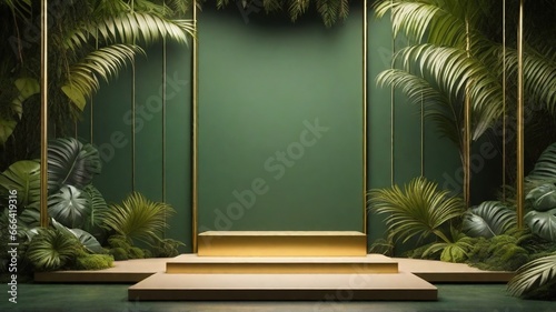 3d rendering of blank product display podium with tropical leaves background.
