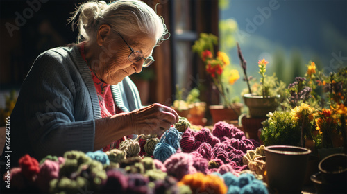 gray-haired grandmother sits at the table sorting out threads and yarn for knitting photo