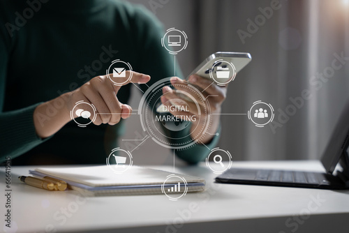 Digital marketing technology concept, Businessmen use tablet and smartphone connection technology and digital marketing.