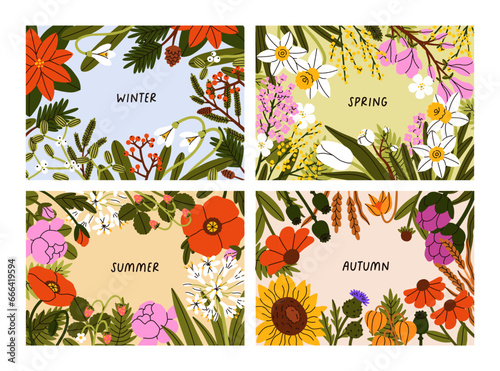 Flowers cards set. Nature background designs with floral frames. Winter, spring, summer, autumn seasons, botanical backdrops. Blooms, blossomed plants. Colored flat graphic vector illustrations