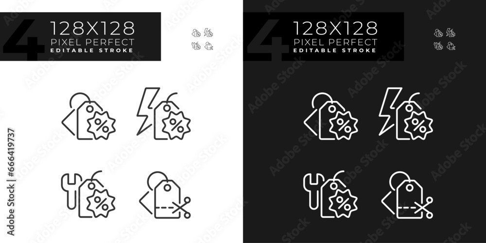 Pixel perfect simple icons set representing discounts, customizable dark and light thin line illustration.
