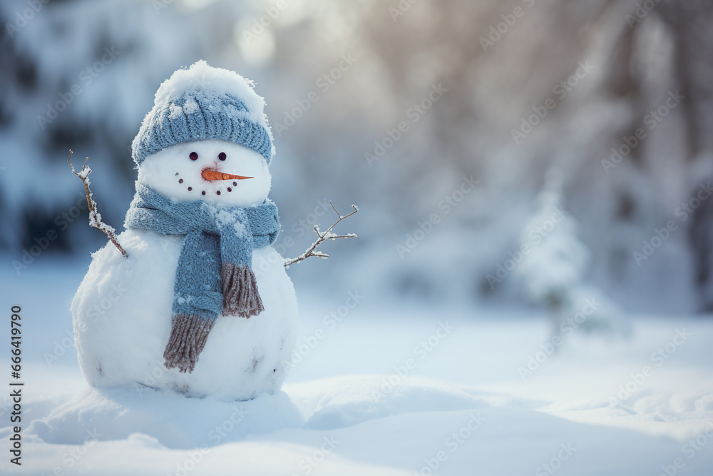 Obraz premium illustration of snowman in the snow. Christmas time. Created with Generative AI