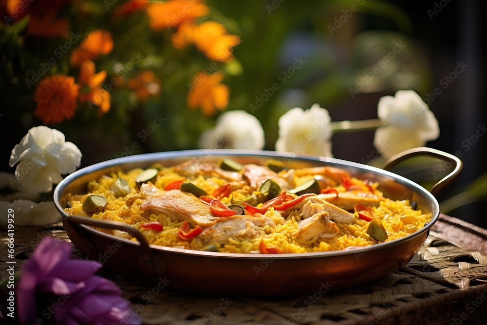 Valencian Paella: A colorful mix of rice, tender chicken, earthy artichokes, and fragrant rosemary, cooked to perfection in a traditional paella pan
