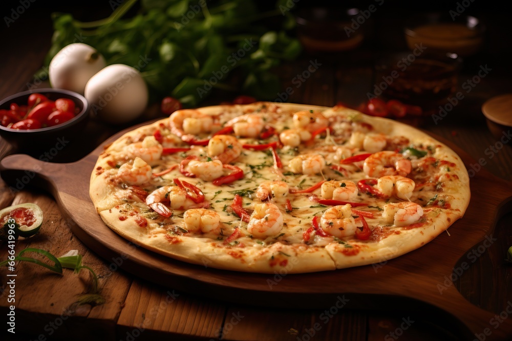 Shrimp Scampi Pizza: Thin crust topped with garlic-infused olive oil, succulent shrimp, melted Mozzarella, cherry tomatoes, and a sprinkle of fresh parsley