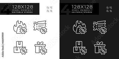 2D pixel perfect dark and light icons set representing discounts, customizable thin line illustration.