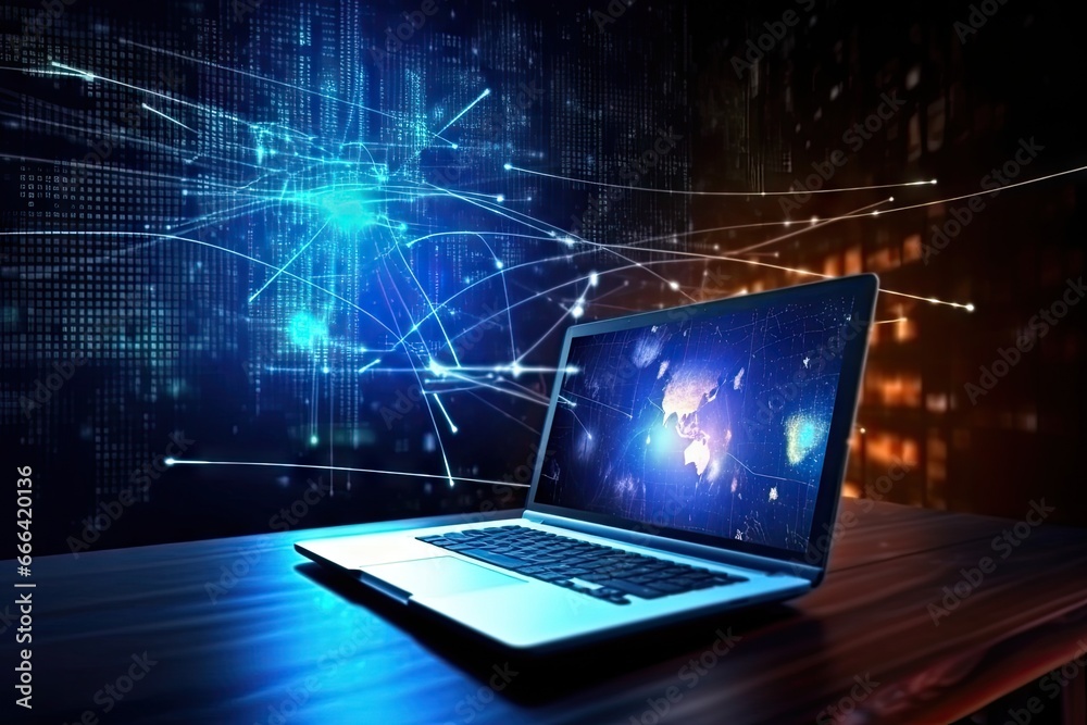 Modern laptop caught in the swirling vortex of data nanotechnology and artificial intelligence Modern laptop caught in the swirling vortex of data nanotechnology and artificial intelligence