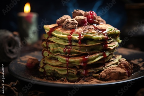 Zombie pancakes: pancakes decorated as zombies using red and green icing to create the effect of red and decay.