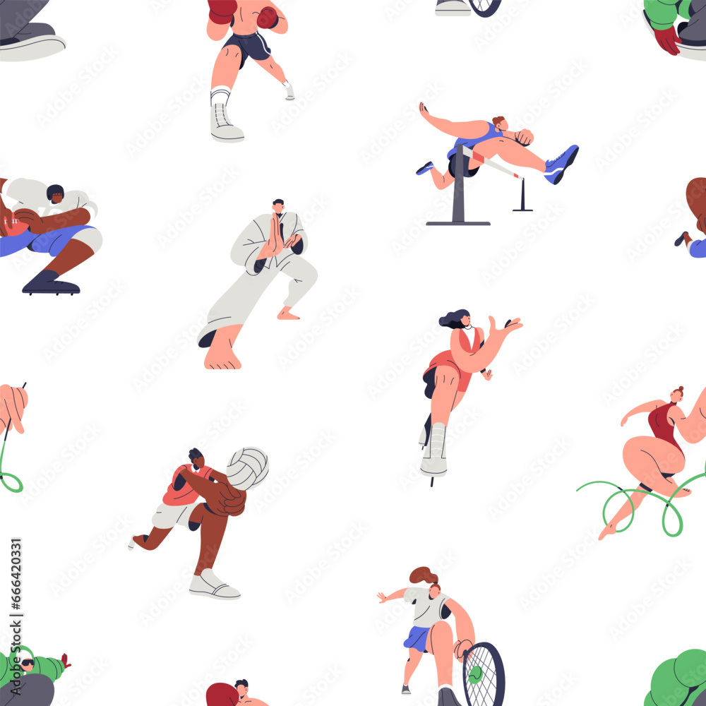 Professional sports, seamless pattern design. People athletes, endless background. Athletics, gymnastics, boxing, tennis and rugby, repeating print. Colored flat vector illustration for fabric