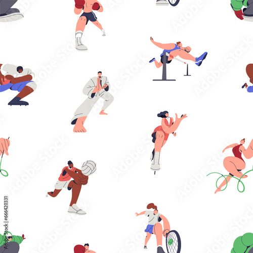 Professional sports, seamless pattern design. People athletes, endless background. Athletics, gymnastics, boxing, tennis and rugby, repeating print. Colored flat vector illustration for fabric © Good Studio