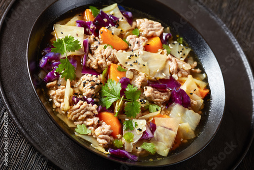 egg roll cabbage soup in bowl, top view