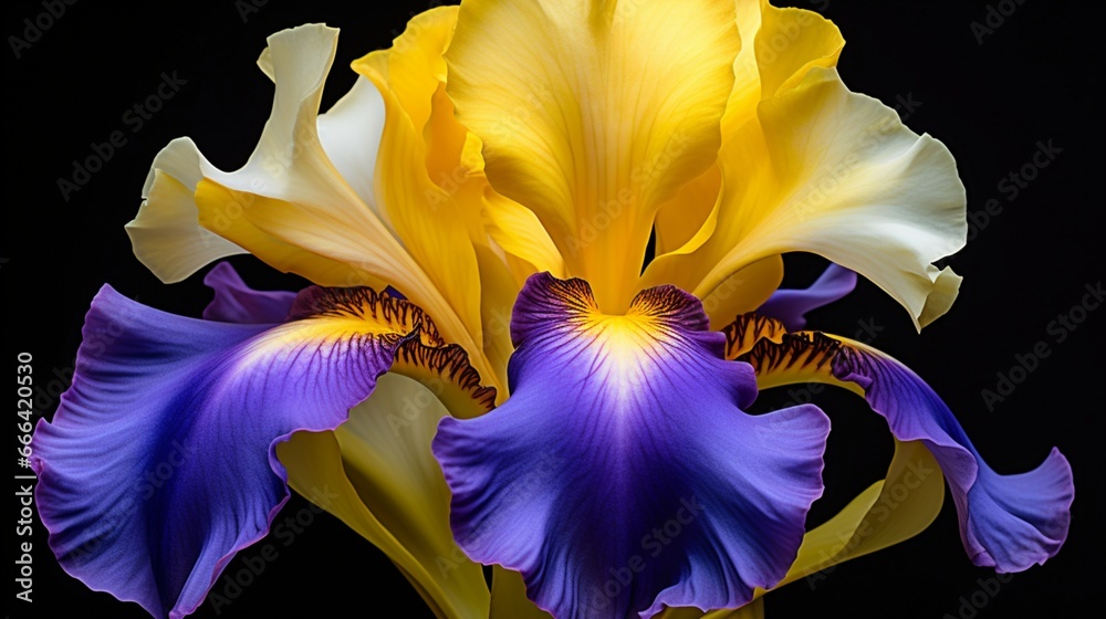 An iris in full bloom, its colors shifting from deep purple to soft yellow.