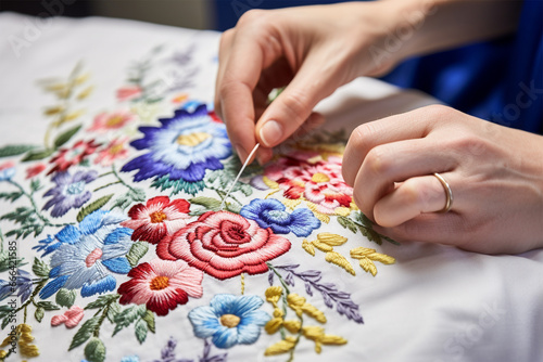 close-up of the hands of a master working on satin stitch embroidery. Modern ethnic folk embroidery, traditional embroidery . historical and national crafts. 
