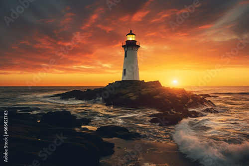 illustration of a lighthouse on the coast, sunset light. Created with Generative AI © agrus_aiart