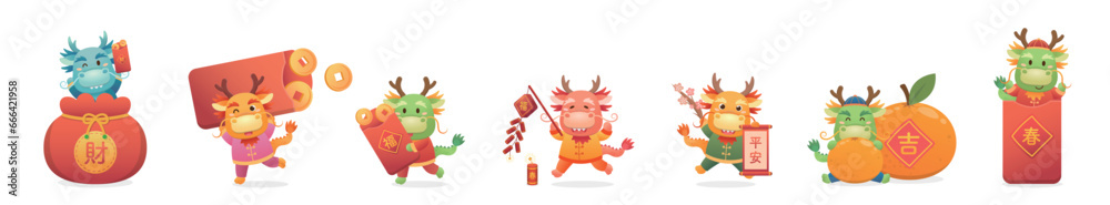 Set of cute Chinese dragon characters or mascots or cartoon characters, playful and cute, vector elements for Chinese New Year, translation: good luck and fortune