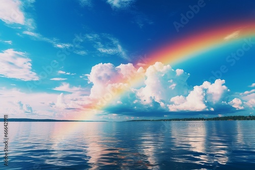 rainbow over the sea, with magnificent blue sky and clouds. Surreal nature concept. Generative AI
