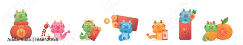 Set of cute Chinese dragon characters or mascots or cartoon characters, playful and cute, vector elements for Chinese New Year, translation: wealth and good luck