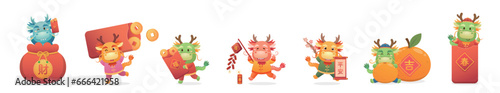 Set of cute Chinese dragon characters or mascots or cartoon characters, playful and cute, vector elements for Chinese New Year, translation: good luck and fortune