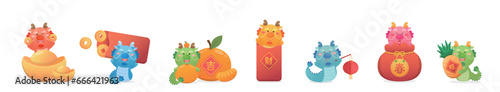 Set of cute Chinese dragon characters or mascots or cartoon characters, playful and cute, vector elements for Chinese New Year, translation: good luck and fortune