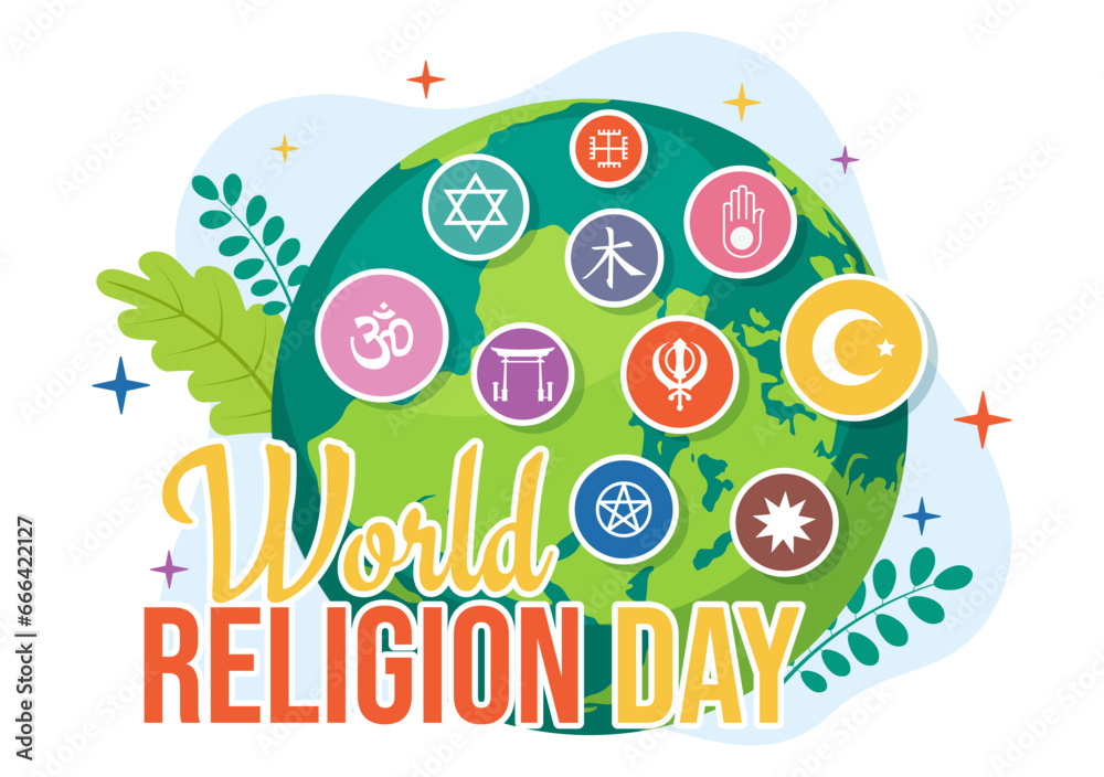 World Religion Day Vector Illustration on 17 January with Symbol Icons of Different Religions for Poster or Banner in Flat Cartoon Background