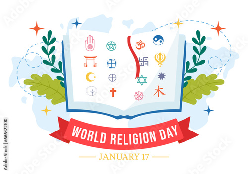 World Religion Day Vector Illustration on 17 January with Symbol Icons of Different Religions for Poster or Banner in Flat Cartoon Background