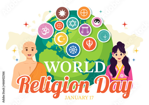 World Religion Day Vector Illustration on 17 January with Symbol Icons of Different Religions for Poster or Banner in Flat Cartoon Background
