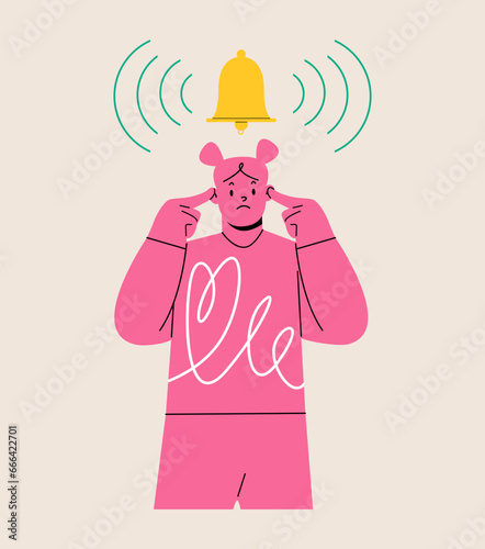 Unhappy woman is plugging her ears with fingers avoid noisy bells ringing. Colorful vector illustration