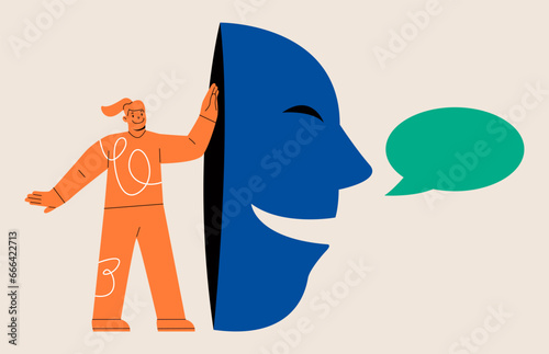 Woman hides his face behind a fake mask that pretends to be lying. Lie or defraud your business. Colorful vector illustration