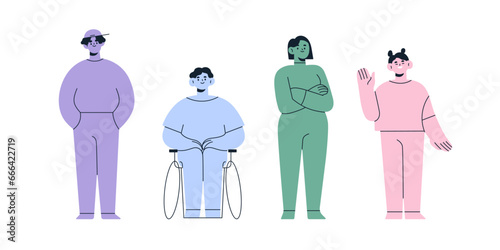 Young people set. Abstract colored characters. Happy modern men, women smiling, standing. Cheerful female and male, girls and guys portraits. Flat vector illustration isolated on white background