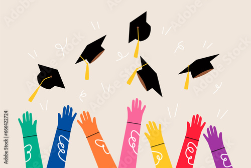 Graduation. Raising hands throwing up graduate hats. Colorful vector illustration