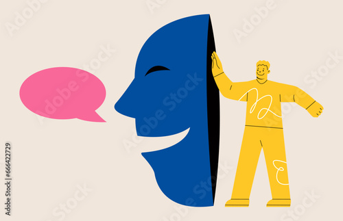 Man hides his face behind a fake mask that pretends to be lying. Lie or defraud your business. Colorful vector illustration photo