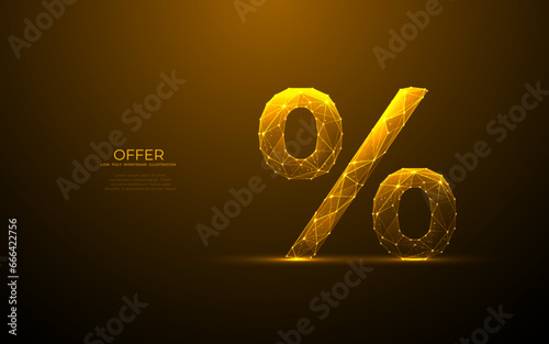 Digital golden percentage icon. Abstract discount and offer concept. Low poly wireframe vector illustration in futuristic style with golden glitter. Polygonal finance metaphor on a dark background.