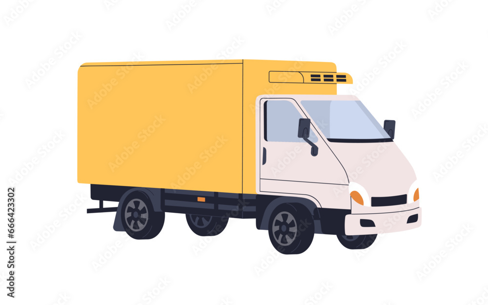 Delivery truck. Cargo auto, commercial freight transport. Lorry, shipping, delivering goods. Shipment transportation vehicle, car with trailer. Flat vector illustration isolated on white background