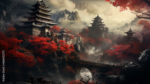 Japanese style castle and nature with beautiful trees, rivers, mountains.