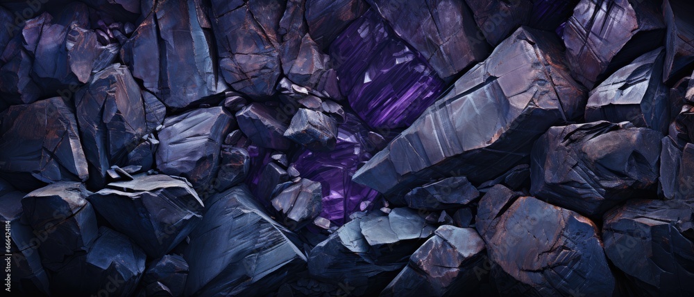 The stone wall's surface showcases a textured black rock, where regal purple veins and nuggets introduce a sense of opulence and majesty to the rustic backdrop.