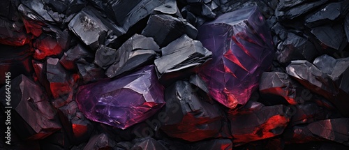 A stone wall background with a black rock texture, adorned by regal purple veins and glistening purple nuggets, marries the rugged beauty of nature with a touch of royal elegance.