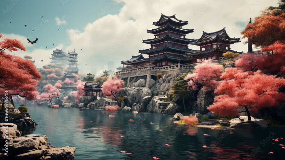 Ancient castle, Japanese style and nature with beautiful trees, rivers, mountains. With cherry blossoms in full bloom - obrazy, fototapety, plakaty 