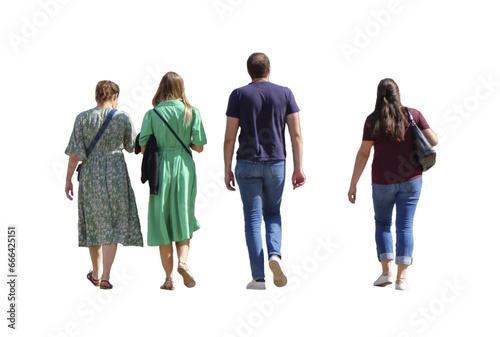 quatre personnes vus de dos qui marchent. 