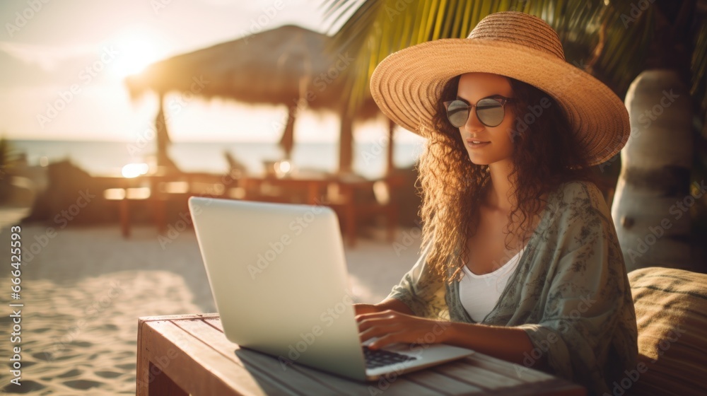 Young woman using laptop to work at beach. Nomad visa concept.