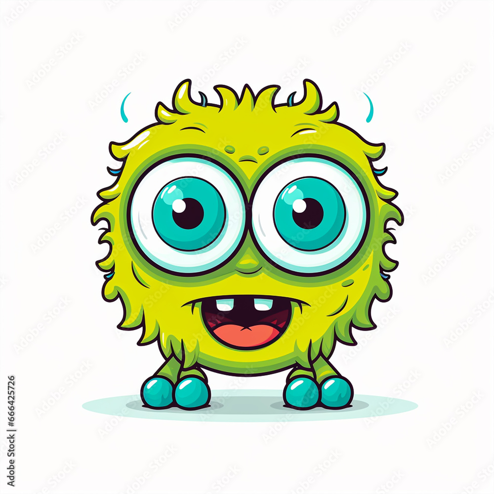 2d cute cartoon one eye monster, 2d cartoon with sharp outlines on White Background