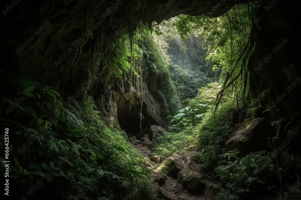 a hidden cave covered by dense vegetation. Generative AI
