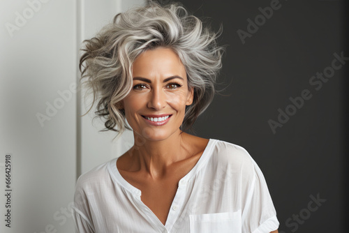 Portrait of a beautiful happy woman with gray hair, a beautiful smile, healthy facial skin in a white shirt on a gray background. Concept of facial skin care, plastic surgery, healthy eating.