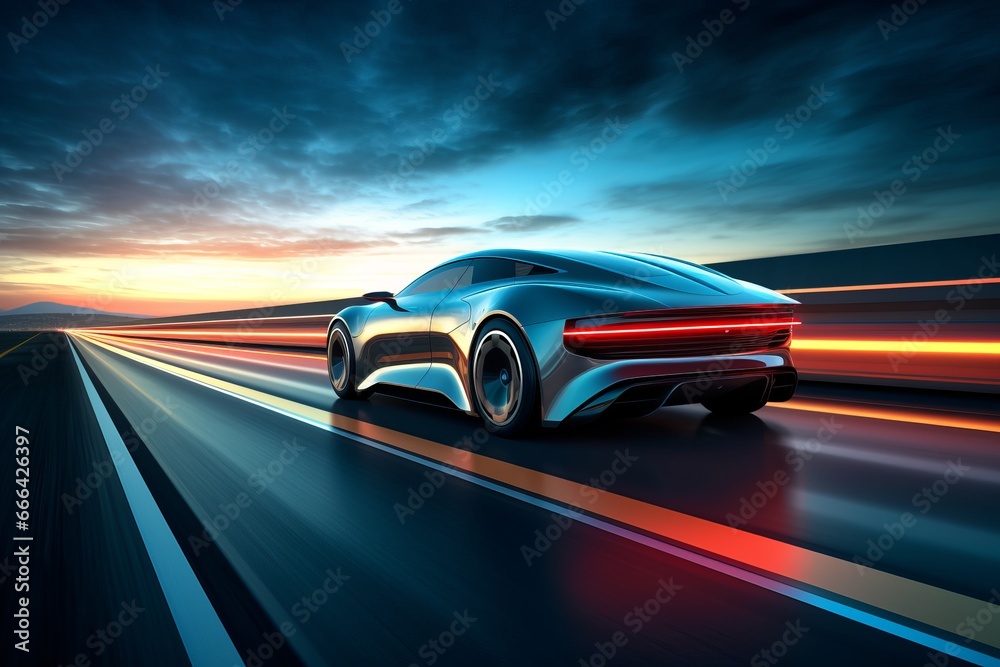 Electric Car on Motion on Neon Highway, Futuristic Electric Car Electric Car on Motion on Neon Highway, Futuristic Electric Car