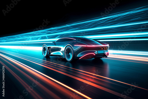 Electric Car on Motion on Neon Highway, Futuristic Electric Car