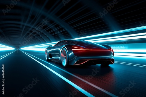 Electric Car on Motion on Neon Highway, Futuristic Electric Car