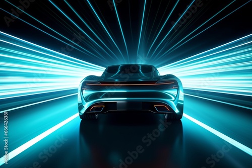Electric Car on Motion on Neon Highway, Futuristic Electric Car